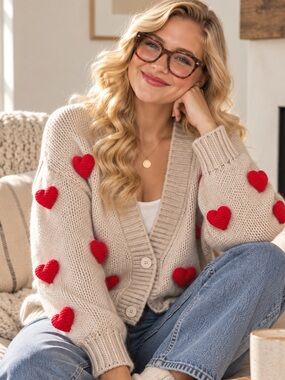 Roffe Crochet Red Heart Applique Open Knit Cardigan Sweater Beige M NWT